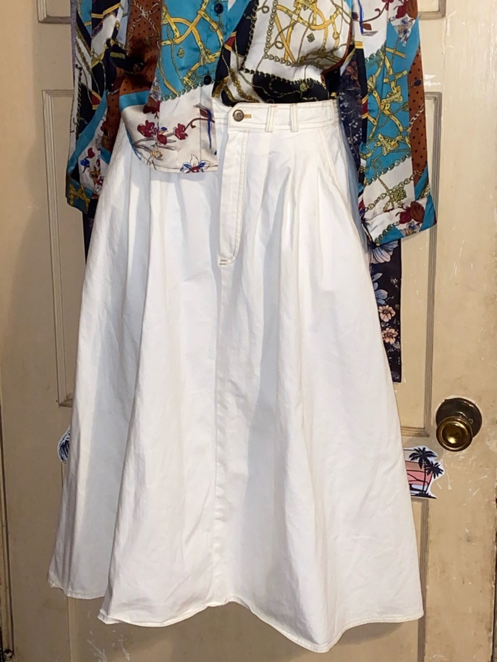 VTG SUNNY SOUTH WHITE DENIM A-Line Midi Skirt With Pockets EUC
